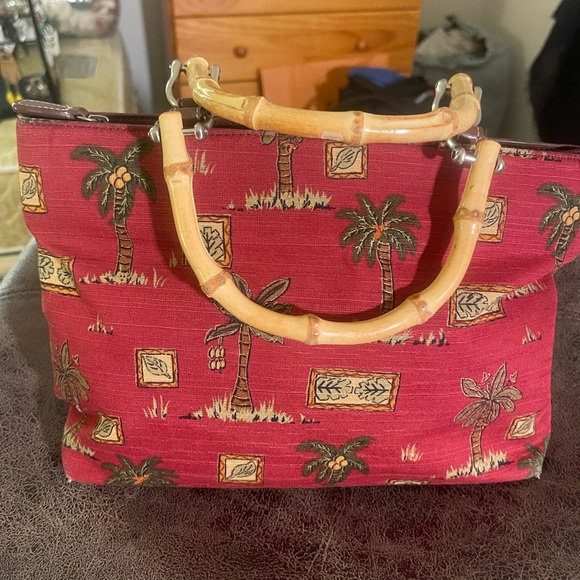 Relic Red Tropical Print Satchel with Bamboo Handles - Picture 1 of 7